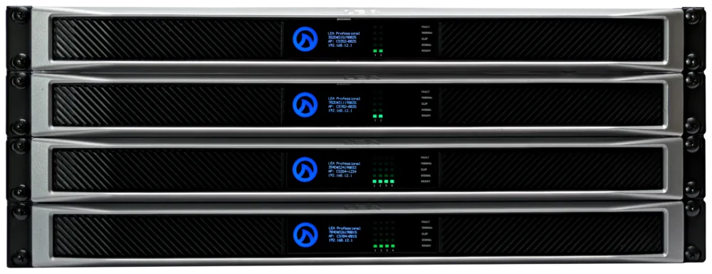 Four LEA Professional Connect Series amplifiers stacked