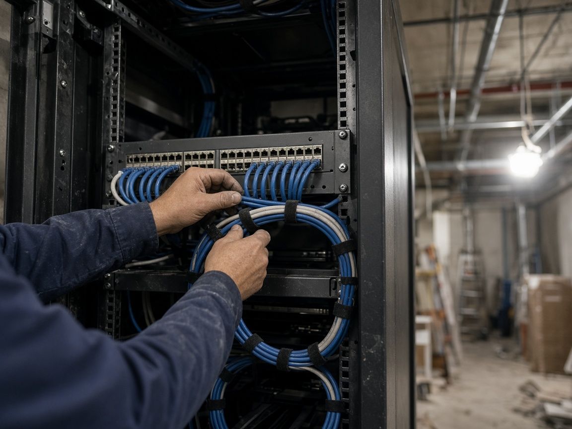 A technician dressing network cables into a patch panel at a new site