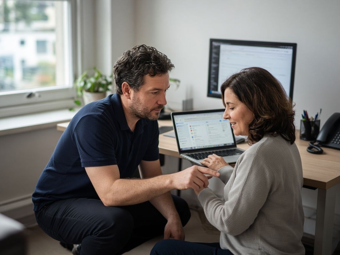 A technician helping an employee with her laptop at an office desk