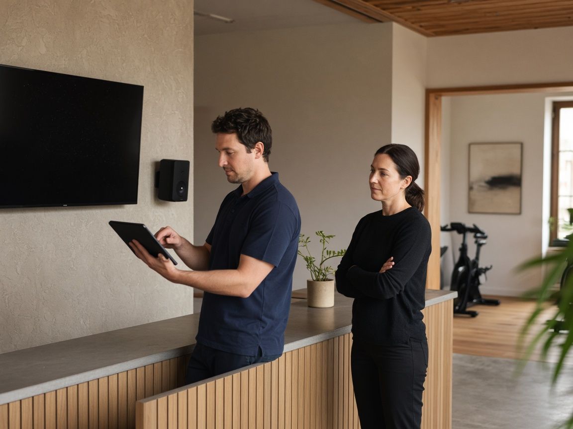 A technician checking a lobby TV and speaker with a tablet at a fitness studio front desk