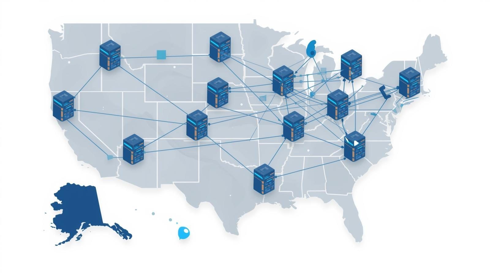 Map of the United States with connected network nodes marking franchise locations across the country