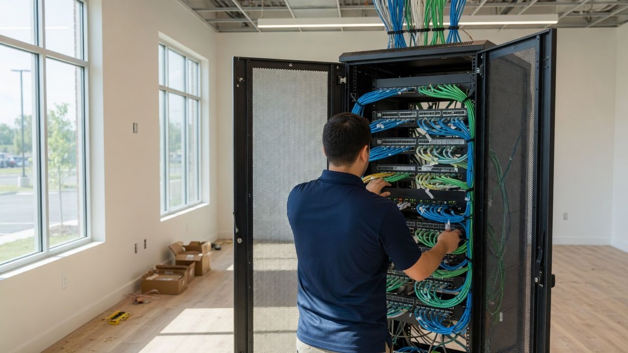A technician working at a network rack in a new location