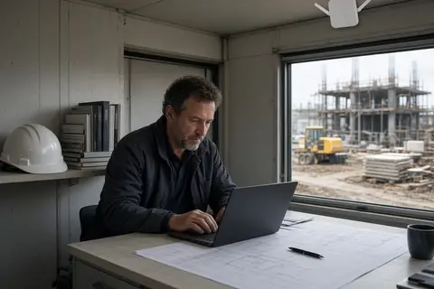 A project manager on a laptop over plans in a jobsite trailer