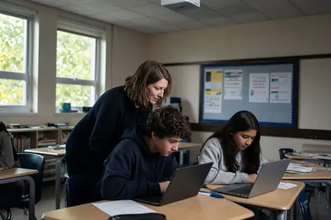 A teacher helping students working on laptops