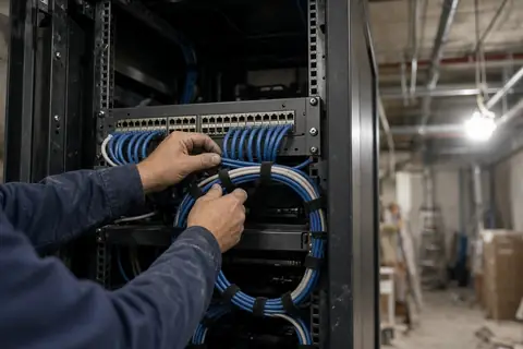 A technician dressing network cables into a rack at a new location