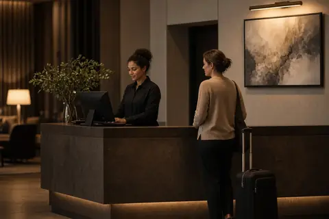 A hotel front desk agent checking in a guest
