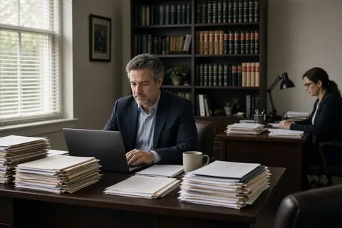 An attorney on a laptop beside stacks of case files