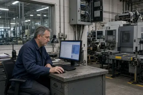 A plant supervisor at a computer beside a production line