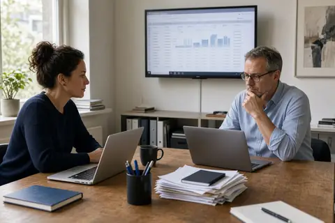 Two colleagues meeting with laptops in a small office