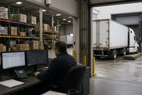 A dispatcher at two monitors beside a loading dock