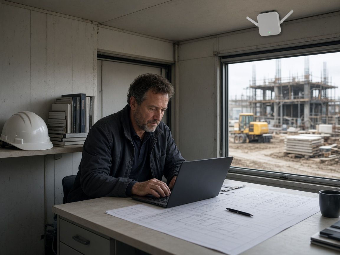 A project manager working on a laptop over plans in a jobsite trailer