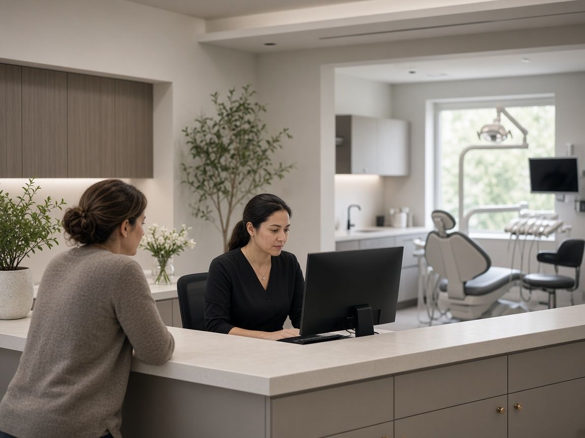 A dental office receptionist at a computer checking in a patient, with a treatment room and chairside monitor behind