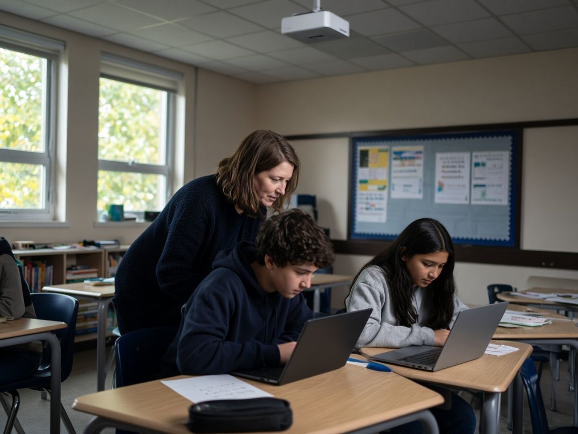 A teacher helping two students working on laptops in a classroom