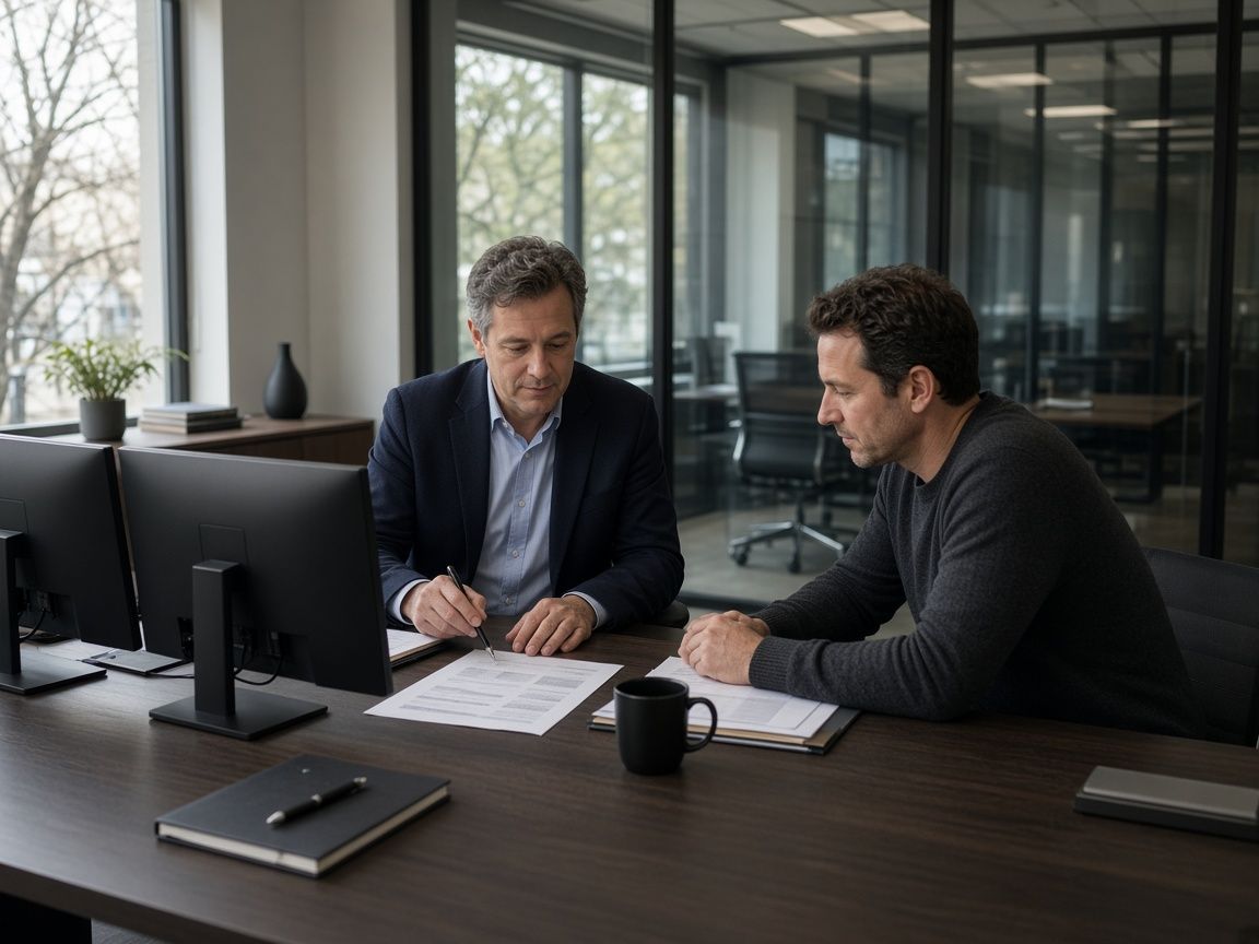 A financial advisor reviewing documents with a client at a desk with two monitors, glass meeting room behind