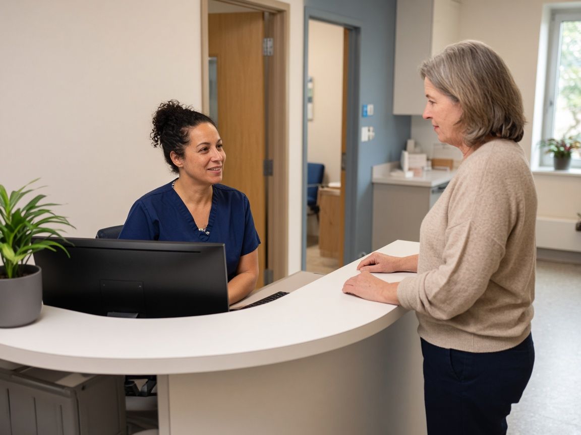 A clinic receptionist in scrubs at a computer helping a patient at the front desk