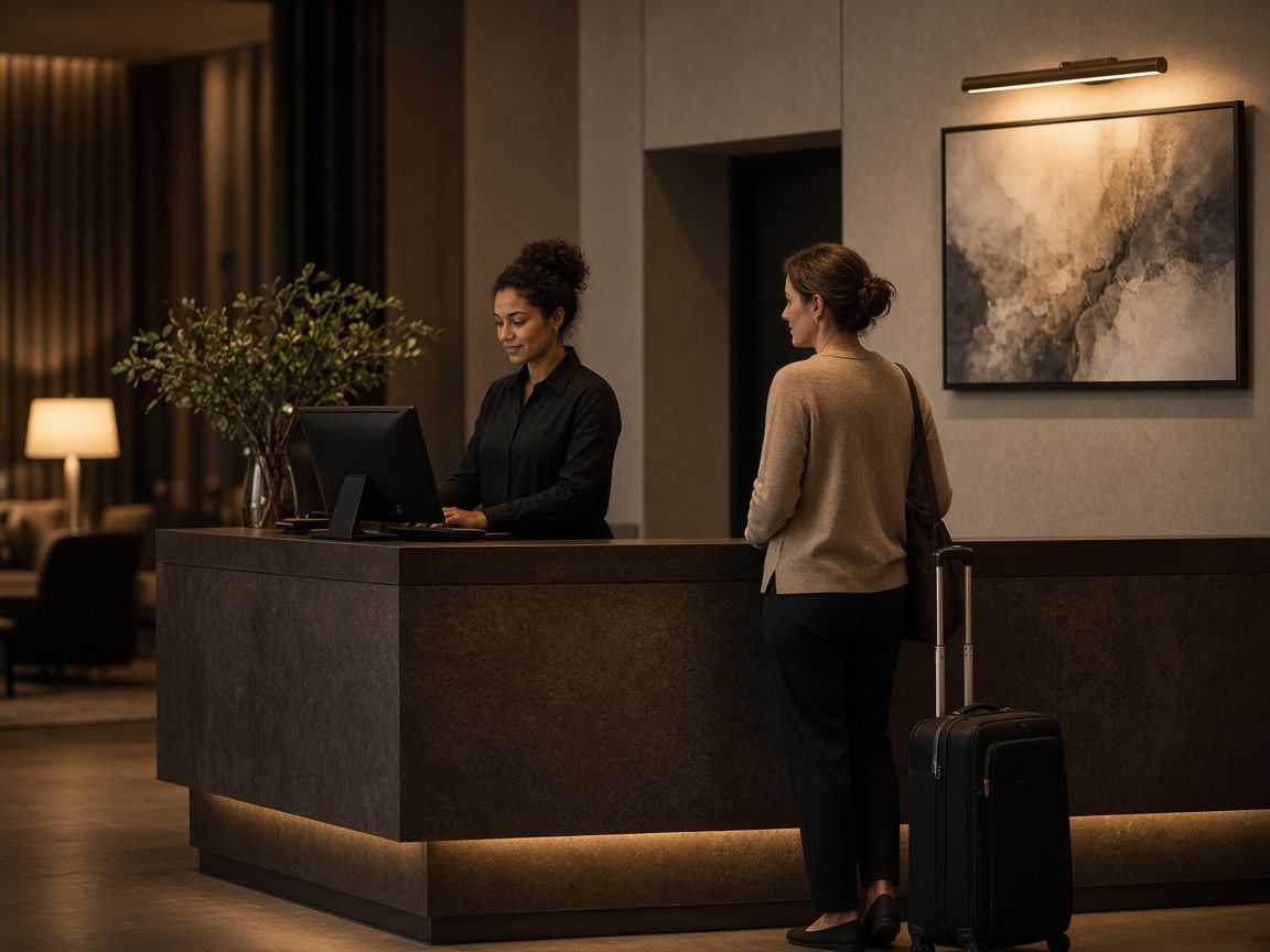 A hotel front desk agent checking in a guest with a suitcase