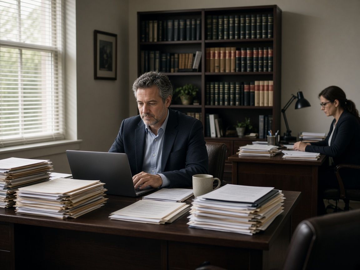 An attorney working on a laptop beside stacks of case files