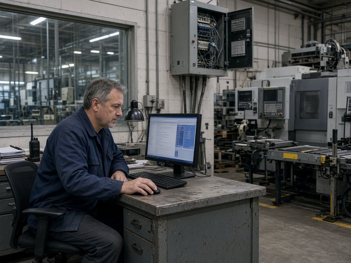 A plant supervisor working at a computer beside a production line, with CNC machines and a network cabinet in the background