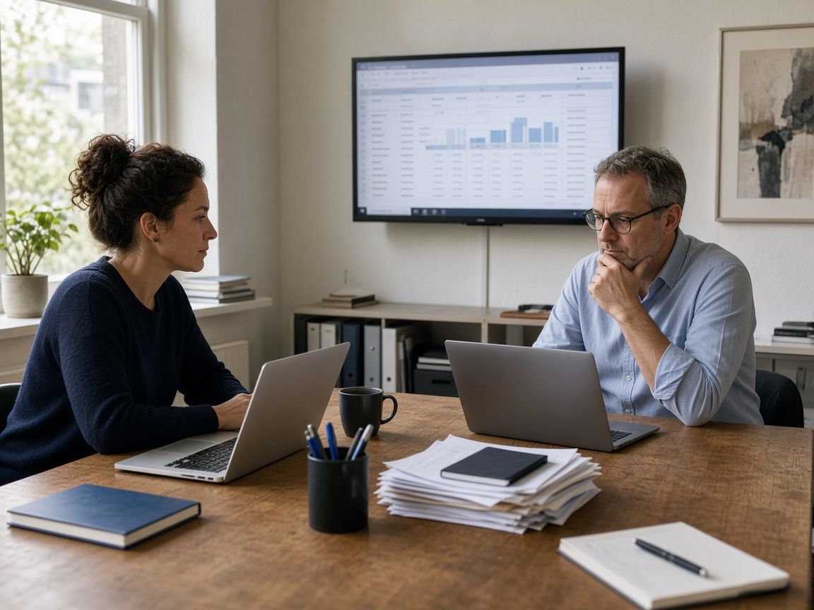 Two colleagues meeting at a wooden table with laptops, papers, and a wall-mounted monitor in a small office