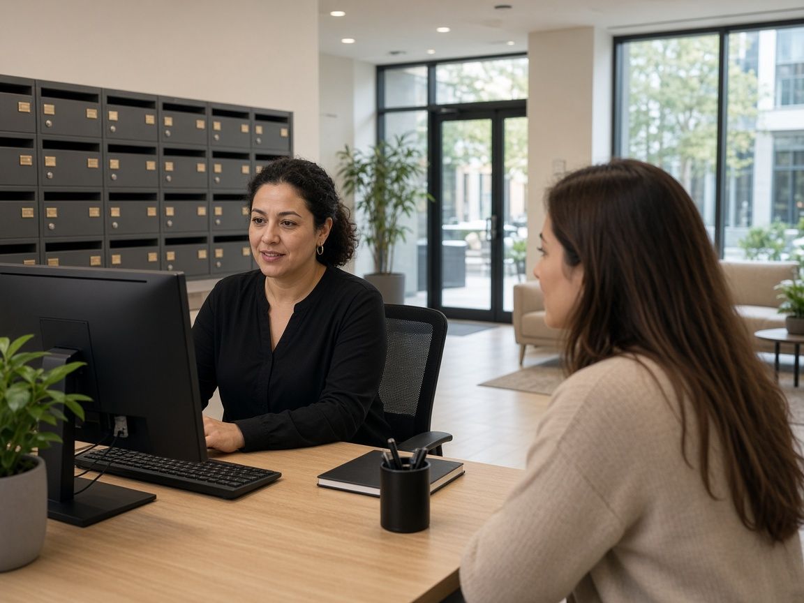 A leasing office staff member at a computer talking with a tenant, with resident mailboxes and the lobby behind