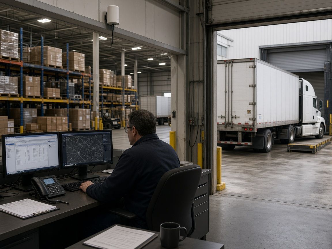 A dispatcher at two monitors beside an open loading dock with a semi trailer backed in and pallet racks behind