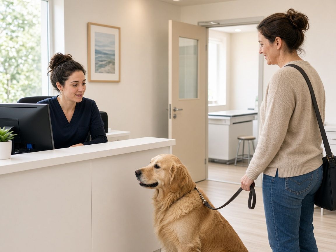 A veterinary receptionist checking in a woman with a golden retriever