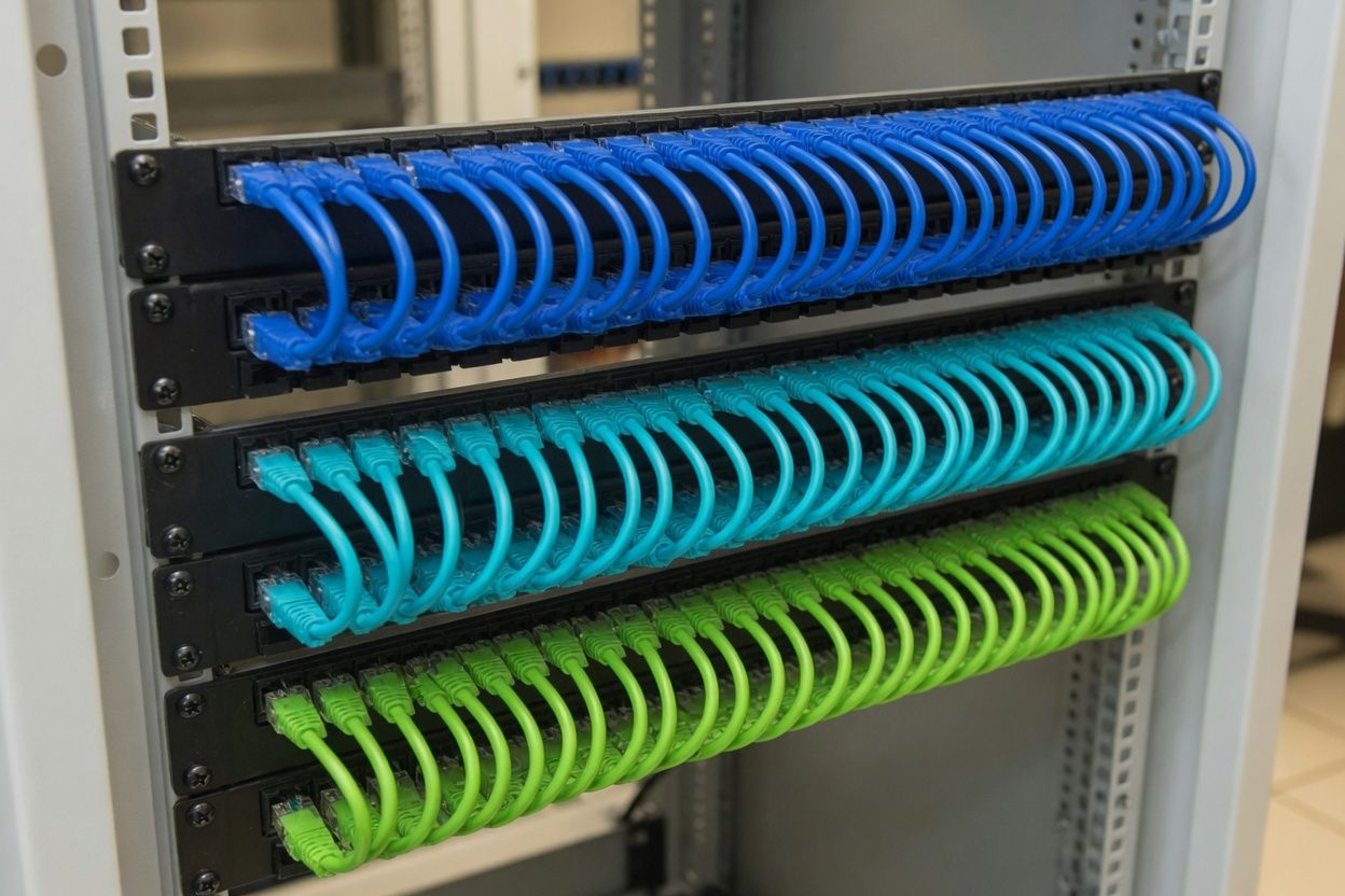 Organized blue and green patch cables in a network rack
