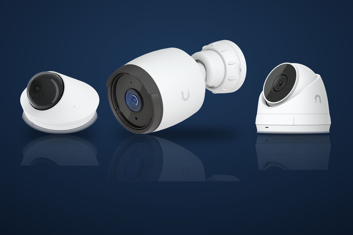 Ubiquiti UniFi Protect cameras: a G5 Dome, a G6 Bullet, and a G5 Turret Ultra