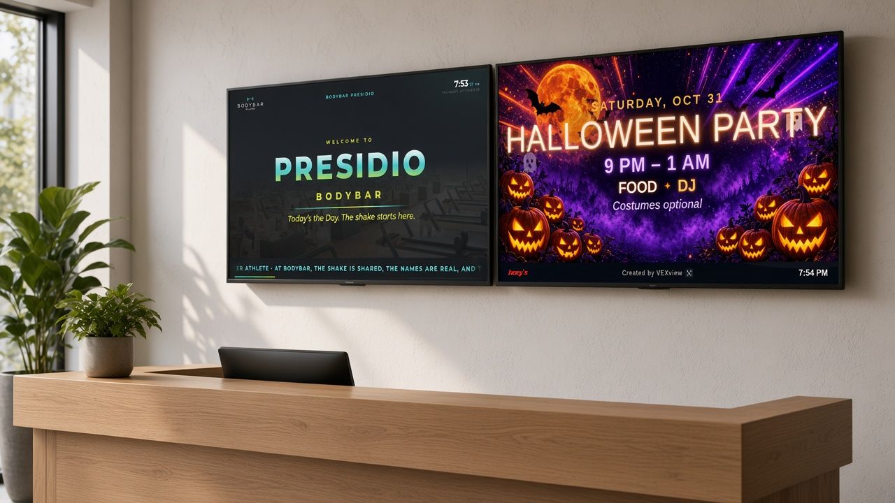 Two wall-mounted TVs in a business lobby, one showing a branded welcome screen and one showing an event promotion